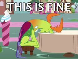 Size: 800x600 | Tagged: safe, edit, edited screencap, screencap, thorax, changedling, changeling, g4, triple threat, caption, eyes closed, facedesk, image macro, king thorax, male, meme, sad, sitting, solo, table, this is fine