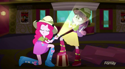 Size: 1400x770 | Tagged: safe, screencap, pinkie pie, sweetie belle, equestria girls, g4, my little pony equestria girls: summertime shorts, the canterlot movie club, discovery family logo, duo, flashlight (object), making faces with a flashlight