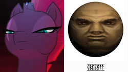 Size: 1190x670 | Tagged: safe, screencap, tempest shadow, pony, g4, my little pony: the movie, broken horn, comparison, cropped, female, futhark, horn, mare, russian, russian meme, swiborg