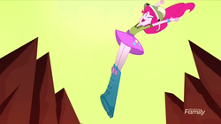 Size: 1010x567 | Tagged: safe, screencap, pinkie pie, equestria girls, g4, my little pony equestria girls: summertime shorts, the canterlot movie club, discovery family logo, female, great moments in animation, paraskirt, solo