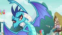 Size: 1280x720 | Tagged: safe, screencap, princess ember, dragon, g4, triple threat, :t, cute, dragon lord ember, emberbetes, female, solo, stretching, sweat