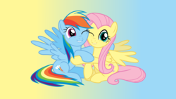 Size: 10267x5774 | Tagged: safe, artist:steam-loco, fluttershy, rainbow dash, pegasus, pony, fame and misfortune, g4, .svg available, absurd resolution, cute, dashabetes, female, flawless, gradient background, hug, mare, one eye closed, shyabetes, smiling, spread wings, vector, wings, wink