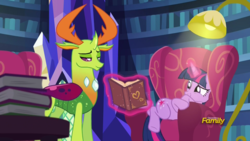 Size: 1920x1080 | Tagged: safe, screencap, thorax, twilight sparkle, alicorn, changedling, changeling, pony, g4, triple threat, book, chair, discovery family logo, king thorax, levitation, lidded eyes, magic, smiling, telekinesis, that pony sure does love chairs, twilight sparkle (alicorn)