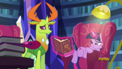 Size: 1920x1080 | Tagged: safe, screencap, thorax, twilight sparkle, alicorn, changedling, changeling, pony, g4, triple threat, bedroom eyes, book, chair, comfy, discovery family logo, king thorax, lamp, levitation, magic, smiling, telekinesis, twilight sparkle (alicorn)