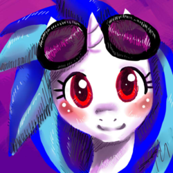 Size: 512x512 | Tagged: safe, artist:autumnmelody, derpibooru exclusive, dj pon-3, vinyl scratch, pony, unicorn, g4, blushing, bust, female, gradient background, looking at you, mare, portrait, smiling, solo, wrong eye color