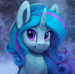 Size: 600x590 | Tagged: safe, artist:rodrigues404, oc, oc only, oc:winter doodle, crystal pony, crystal unicorn, pony, unicorn, animated, blinking, cinemagraph, crystal pony oc, female, gif, looking at you, mare, smiling, snow, snowfall, solo