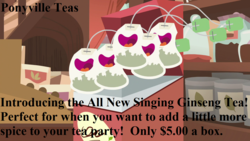 Size: 1280x720 | Tagged: safe, edit, edited screencap, screencap, pony, discordant harmony, g4, advertisement, box, ginseng teabags, singing, tea shop