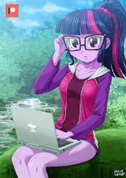 Size: 636x900 | Tagged: safe, alternate version, artist:uotapo, edit, sci-twi, twilight sparkle, equestria girls, g4, adorasexy, adorkable, animated, bicolor swimsuit, blushing, clothes, cloud, computer, cute, dork, female, forest, gif, glasses, grass, hoodie, laptop computer, looking at you, meganekko, one-piece swimsuit, patreon, patreon logo, ponytail, purple swimsuit, river, school swimsuit, sexy, shadowbolts swimsuit, solo, swimsuit, twiabetes