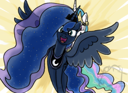 Size: 3507x2550 | Tagged: safe, artist:mountainlygon, princess celestia, princess luna, pony, g4, 2017 solar eclipse, abstract background, alicorn eclipse, crown, ethereal mane, female, high res, huzzah, jewelry, luna eclipsing celestia, mare, pun, regalia, royal sisters, siblings, sisters, solar eclipse, spread wings, starry mane, starry tail, tail, visual pun, wings