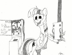 Size: 3283x2513 | Tagged: safe, artist:algernon97, twilight sparkle, pony, unicorn, g4, atg 2017, chest fluff, clothes, computer, electricity, female, high res, lab coat, monochrome, newbie artist training grounds, science, solo, that pony sure does love science, unicorn twilight