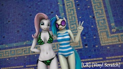 Size: 1920x1080 | Tagged: safe, artist:gr-vinyl-scratch, dj pon-3, vinyl scratch, oc, oc:masquerade, anthro, g4, 3d, belly button, bikini, breasts, clothes, hearst castle, not fluttershy, one-piece swimsuit, peace sign, shipping, source filmmaker, swimming pool, swimsuit