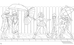 Size: 1600x988 | Tagged: safe, artist:mauroz, applejack, fluttershy, pinkie pie, rainbow dash, rarity, twilight sparkle, human, g4, clothes, converse, humanized, lineart, mane six, monochrome, movie reference, poncho, puddle, rain, reference, shoes, singin' in the rain, singing, umbrella, wip