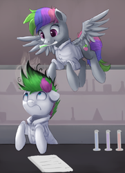 Size: 1016x1400 | Tagged: safe, artist:vanillaghosties, oc, oc only, oc:fox glove, oc:neon streak, pegasus, pony, atg 2017, clothes, female, flying, lab coat, looking up, mare, multicolored hair, neove, newbie artist training grounds, smiling
