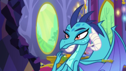 Size: 1280x720 | Tagged: safe, screencap, princess ember, dragon, g4, triple threat, dragon lord ember, grin, lidded eyes, smiling