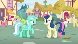 Size: 1366x768 | Tagged: safe, screencap, bon bon, daisy, flower wishes, goldengrape, lily, lily valley, lyra heartstrings, rainbow stars, roseluck, sir colton vines iii, sweetie drops, pegasus, pony, unicorn, g4, triple threat, bon bon is not amused, looking at each other, unamused