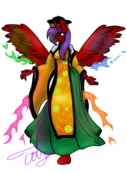 Size: 576x792 | Tagged: safe, artist:tobifireflies, oc, oc only, oc:phoenix flare, alicorn, anthro, alicorn oc, clothes, cosplay, costume, female, matara okina, simple background, solo, touhou, transparent background