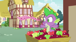 Size: 1920x1080 | Tagged: safe, screencap, spike, dragon, g4, triple threat, apple, food, male, ponyville, smiling, solo