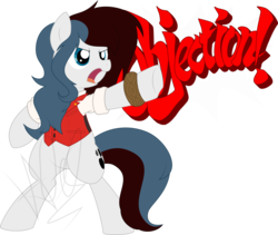 Size: 1280x1081 | Tagged: safe, artist:natusoulsilver, oc, oc only, oc:mira songheart, earth pony, pony, ace attorney, apollo justice, bipedal, clothes, cosplay, costume, female, mare, objection, pointing, simple background, solo, transparent background