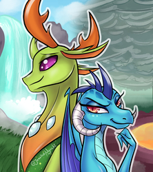 Size: 960x1080 | Tagged: safe, artist:jessicanyuchi, princess ember, thorax, changedling, changeling, dragon, triple threat, changeling x dragon, embrax, female, interspecies, king thorax, male, shipping, smiling, straight, waterfall