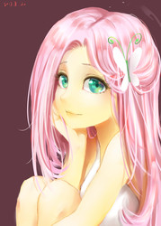 Size: 1200x1680 | Tagged: safe, artist:d战, fluttershy, equestria girls, g4, beautiful, bust, cute, female, looking at you, pixiv, shyabetes, simple background, sitting, solo