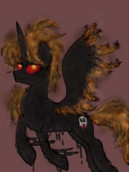 Size: 768x1024 | Tagged: safe, artist:zigragirl, oc, oc only, oc:darkfire, alicorn, pony, alicorn oc, antagonist, corrupted, dripping, glowing eyes, irc, male, mane of fire, simple background, smiling, smirk, solo, stallion, traditional art