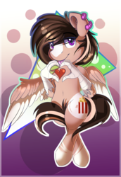 Size: 640x928 | Tagged: safe, artist:beardie, oc, oc only, oc:buttercream scotch, hippogriff, badge, belly button, blaze (coat marking), coat markings, cute, ear piercing, earring, facial markings, heart, heart hands, jewelry, looking at you, piercing, talons, tongue out