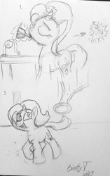 Size: 1254x1996 | Tagged: safe, artist:binkyt11, derpibooru exclusive, starlight glimmer, pony, unicorn, g4, atg 2017, comic, female, levitation, magic, mare, micro, monochrome, newbie artist training grounds, potion, shrinking, telekinesis, traditional art