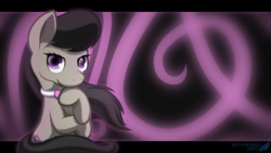 Size: 3200x1800 | Tagged: safe, artist:bluesparkks, octavia melody, earth pony, pony, g4, cutie mark background, female, hoof on chin, signature, solo