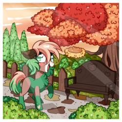 Size: 800x800 | Tagged: safe, artist:ipun, oc, oc only, oc:ginko, earth pony, pony, autumn, bench, female, heart eyes, mare, nest, raised hoof, solo, tree, wingding eyes