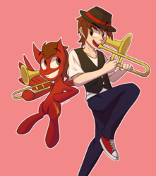 Size: 1500x1700 | Tagged: safe, artist:malphee, oc, oc only, oc:slide fortissimo, human, pegasus, pony, clothes, converse, fedora, hat, human ponidox, humanized, male, musical instrument, red background, self ponidox, shoes, simple background, sneakers, stallion, trombone