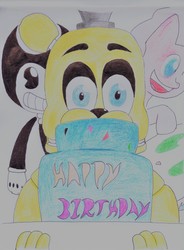 Size: 5277x7168 | Tagged: safe, artist:raventheghost, pinkie pie, oc, pony, g4, absurd resolution, bendy, bendy and the ink machine, birthday, cake, crossover, five nights at freddy's, food, golden freddy, ink, traditional art