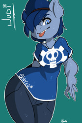 Size: 4000x6000 | Tagged: safe, alternate version, artist:plymo, oc, oc only, oc:judi, anthro, anthro oc, clothes, female, hairband, looking at you, pants, shirt, solo, tattoo, tongue out