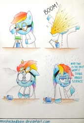 Size: 2176x3176 | Tagged: safe, artist:mustachedbain, rainbow dash, pegasus, pony, g4, atg 2017, chemistry, clothes, comic, explosion, female, goggles, high res, lab coat, mare, newbie artist training grounds, science, solo, traditional art