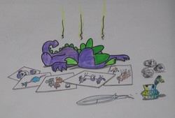 Size: 1132x766 | Tagged: safe, artist:hillbe, spike, dragon, g4, atg 2017, drawing, lying down, male, newbie artist training grounds, quill, solo, traditional art