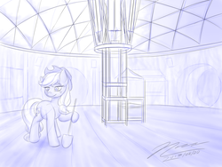 Size: 1024x768 | Tagged: safe, artist:novaintellus, applejack, earth pony, pony, g4, atg 2017, female, grayscale, lidded eyes, looking down, mare, monochrome, newbie artist training grounds, raised hoof, shovel, sketch, smiling, solo, the martian