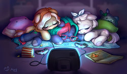 Size: 1280x751 | Tagged: safe, artist:catmag, oc, oc only, pony, controller, cuddle puddle, cuddling, cute, female, food, glasses, hnnng, mare, ocbetes, pizza, plushie, pony pile, popcorn, sleeping, smiling, television, totoro, trio