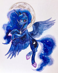 Size: 800x1002 | Tagged: safe, artist:catmag, princess luna, alicorn, pony, g4, cute, female, looking at you, lunabetes, mare, moon, simple background, solo, spread wings, traditional art, watercolor painting, white background, wings
