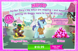 Size: 2081x1379 | Tagged: safe, gameloft, screencap, concerto, deep clean, earth pony, pony, g4, gem, introduction card, janitor pony, male, moptop, stallion