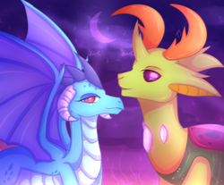 Size: 3500x2900 | Tagged: safe, artist:topolok, princess ember, thorax, changedling, changeling, dragon, triple threat, changeling x dragon, embrax, female, interspecies, king thorax, male, no more ponies at source, shipping, smiling, straight