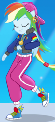 Size: 415x920 | Tagged: safe, screencap, rainbow dash, dance magic, equestria girls, equestria girls specials, g4, backwards ballcap, baseball cap, cap, clothes, converse, cropped, ear piercing, eyes closed, female, hat, hip hop, medallion, outfit, pants, piercing, ponied up, rapper dash, sexy, shoes, smiling, sneakers, solo