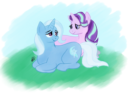 Size: 1024x768 | Tagged: safe, artist:sarcastictrixie, starlight glimmer, trixie, pony, unicorn, g4, female, lesbian, looking at each other, ship:startrix, shipping, sitting