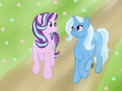 Size: 1024x768 | Tagged: safe, artist:sarcastictrixie, starlight glimmer, trixie, pony, unicorn, g4, female, flower, lesbian, looking at each other, ship:startrix, shipping, walking