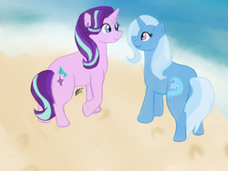 Size: 1024x768 | Tagged: safe, artist:sarcastictrixie, starlight glimmer, trixie, pony, unicorn, g4, beach, female, lesbian, looking at each other, ship:startrix, shipping
