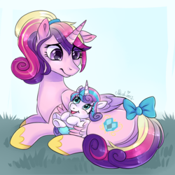 Size: 1024x1024 | Tagged: safe, artist:foxystash, princess cadance, princess flurry heart, alicorn, pony, g4, :t, bow, cuddling, cute, eye contact, female, flurrybetes, foal, frown, grass, happy, looking at each other, mare, mother and daughter, on back, open mouth, ponytail, prone, smiling, tail bow
