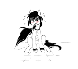 Size: 1556x1388 | Tagged: safe, artist:tostitos, oc, oc only, oc:floor bored, earth pony, pony, 4chan, black and white, blush sticker, blushing, clothes, cute, female, grayscale, mare, monochrome, nervous, open mouth, partial color, sailor uniform, shirt, sitting, solo, sweat, tile