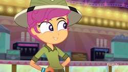 Size: 1920x1080 | Tagged: safe, screencap, scootaloo, eqg summertime shorts, equestria girls, g4, the canterlot movie club, cute, cutealoo, daring do costume, female, hand on hip, solo