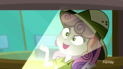 Size: 1280x720 | Tagged: safe, screencap, sweetie belle, equestria girls, g4, my little pony equestria girls: summertime shorts, the canterlot movie club, 2spooky, >:d, evil smile, grin, hat, making faces with a flashlight, smiling, spoopy, torch