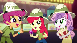 Size: 1280x720 | Tagged: safe, screencap, apple bloom, scootaloo, sweetie belle, eqg summertime shorts, equestria girls, g4, the canterlot movie club, cinema, cutie mark crusaders, excited, food, happy, hat, pith helmet, popcorn, ticket