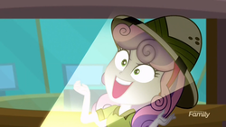 Size: 1920x1080 | Tagged: safe, screencap, sweetie belle, equestria girls, g4, my little pony equestria girls: summertime shorts, the canterlot movie club, 2spooky, >:d, daring do costume, evil smile, female, flashlight (object), making faces with a flashlight, pure unfiltered evil, smiling, solo