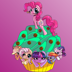 Size: 5000x5000 | Tagged: safe, artist:ashesadrigaadfingo, applejack, fluttershy, pinkie pie, rainbow dash, rarity, twilight sparkle, pony, g4, absurd resolution, cupcake, food, giant cupcake, heart eyes, mane six, mouth hold, wingding eyes, wooden spoon